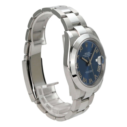 Rolex Datejust 41 in Oystersteel mit blauem Zifferblatt und römischen Ziffern, poliertes und satiniertes Edelstahlband.