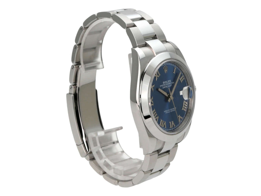 Rolex Datejust 41 in Oystersteel mit blauem Zifferblatt und römischen Ziffern, poliertes und satiniertes Edelstahlband.