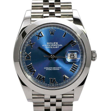 Rolex Datejust 41 in Oystersteel mit blauem Zifferblatt und römischen Ziffern, Jubile-Band aus Edelstahl.