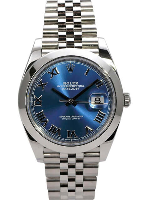 Rolex Datejust 41 in Oystersteel mit blauem Zifferblatt und römischen Ziffern, Jubile-Band aus Edelstahl.