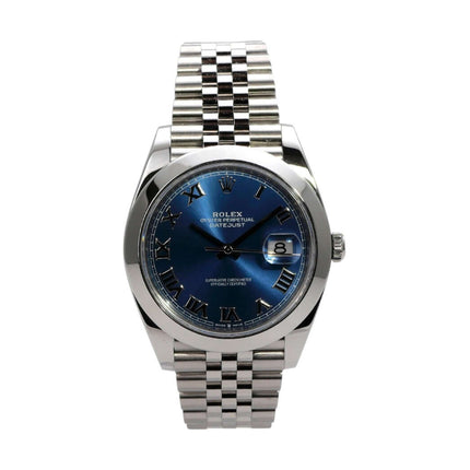 Rolex Datejust 41 in Oystersteel mit blauem Zifferblatt und römischen Ziffern, Jubile-Band aus Edelstahl.