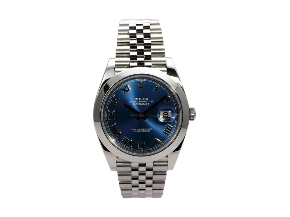 Rolex Datejust 41 in Oystersteel mit blauem Zifferblatt und römischen Ziffern, Jubile-Band aus Edelstahl.
