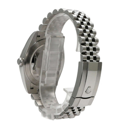 Rolex Datejust 41 mit Jubile Edelstahlband, seitliche Ansicht, poliertes Gehäuse und Faltschließe.