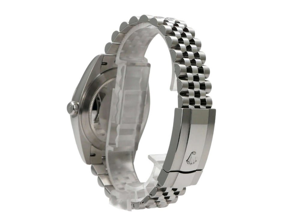 Rolex Datejust 41 mit Jubile Edelstahlband, seitliche Ansicht, poliertes Gehäuse und Faltschließe.
