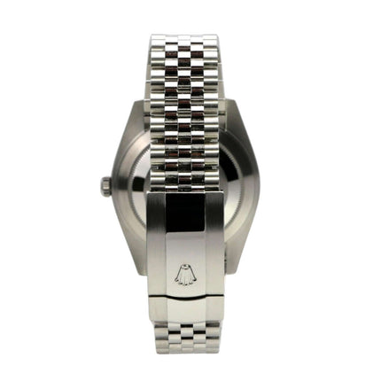 Rolex Datejust 41 Rückansicht mit Jubile Edelstahlband, poliert und satiniert, unverwechselbares Logo.