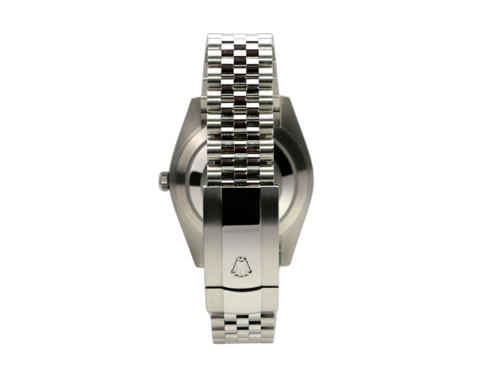 Rolex Datejust 41 Rückansicht mit Jubile Edelstahlband, poliert und satiniert, unverwechselbares Logo.