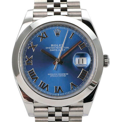 Rolex Datejust 41 Oystersteel 126300 Blau Römisch Jubile-Band mit blauem Zifferblatt und Edelstahlband.