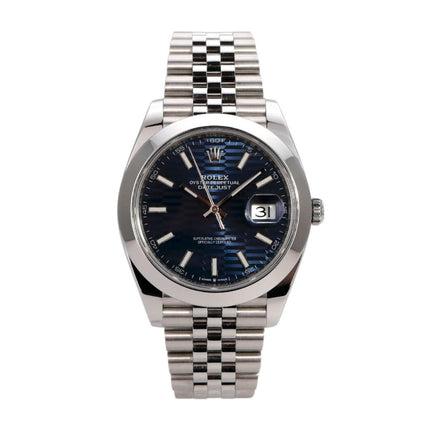 Rolex Datejust 41 Edelstahl 126300 mit blauem Riffelmuster Zifferblatt und Jubile-Band