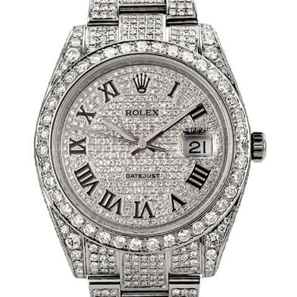 Rolex Datejust 41 Edelstahl 126300 mit icing Diamanten und römischen Ziffern auf dem Zifferblatt.