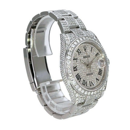Rolex Datejust 41 Edelstahl 126300 Iced Out mit Diamanten und römischen Ziffern, poliertes Edelstahlarmband.