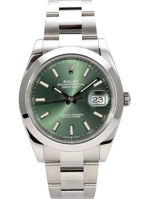 Rolex Datejust 41 Edelstahl 126300 Mintgrün mit mintgrünem Zifferblatt und poliertem Edelstahlband.