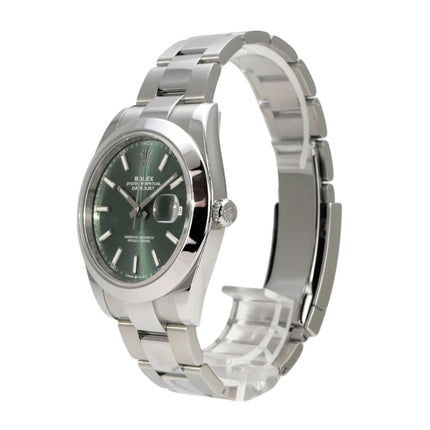 Rolex Datejust 41 Edelstahl 126300 Mintgrün mit mintgrünem Zifferblatt und Edelstahlband, seitliche Ansicht.