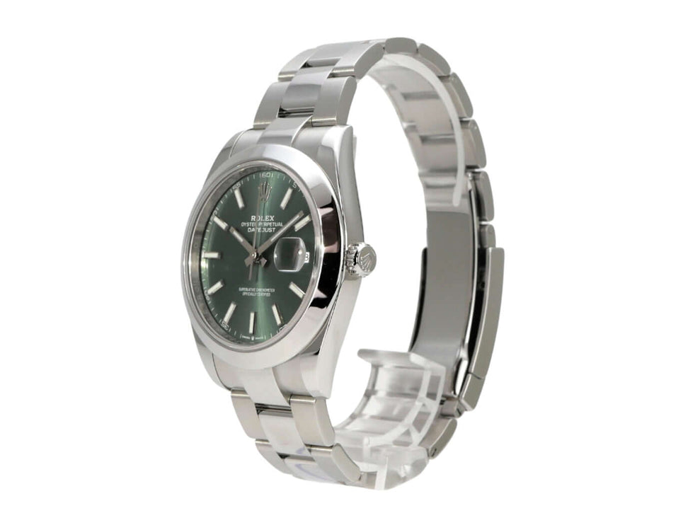Rolex Datejust 41 Edelstahl 126300 Mintgrün mit mintgrünem Zifferblatt und Edelstahlband, seitliche Ansicht.
