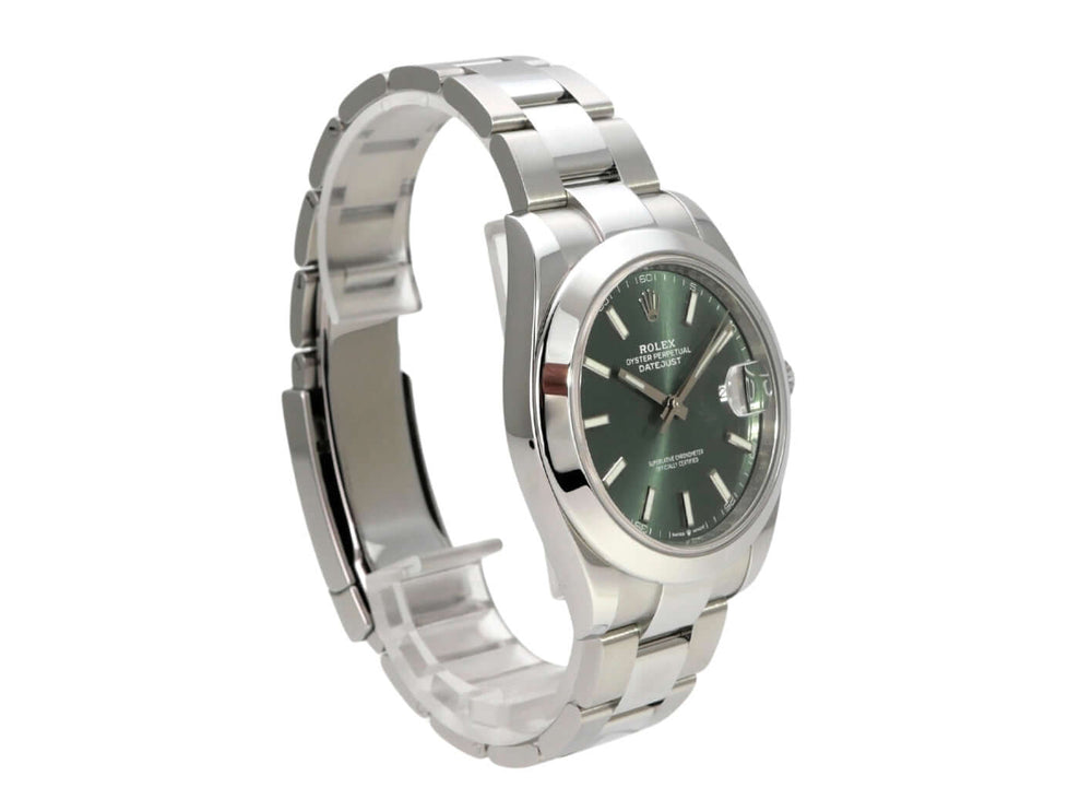 Rolex Datejust 41 Edelstahl 126300 Mintgrün mit mintgrünem Zifferblatt und Edelstahl-Oyster-Band.