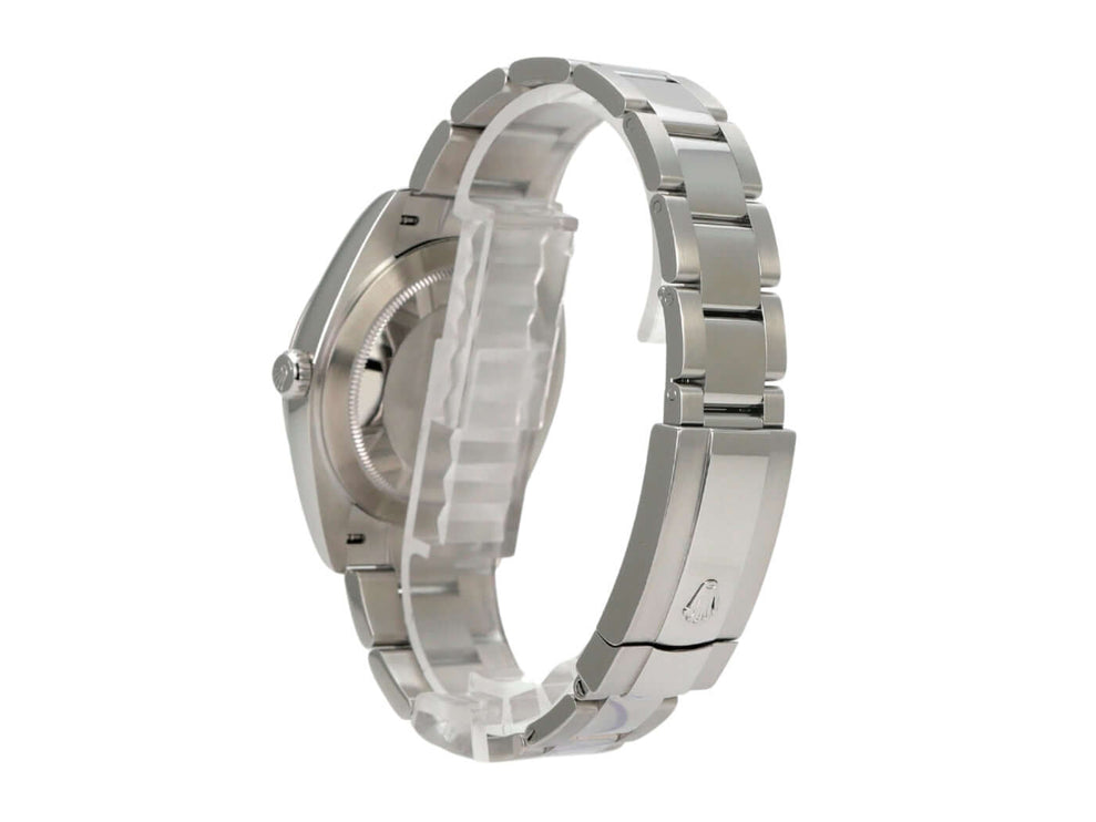 Rolex Datejust 41 Edelstahl 126300 Mintgrün seitliche Ansicht des Uhrengehäuses und Armbands aus Edelstahl.