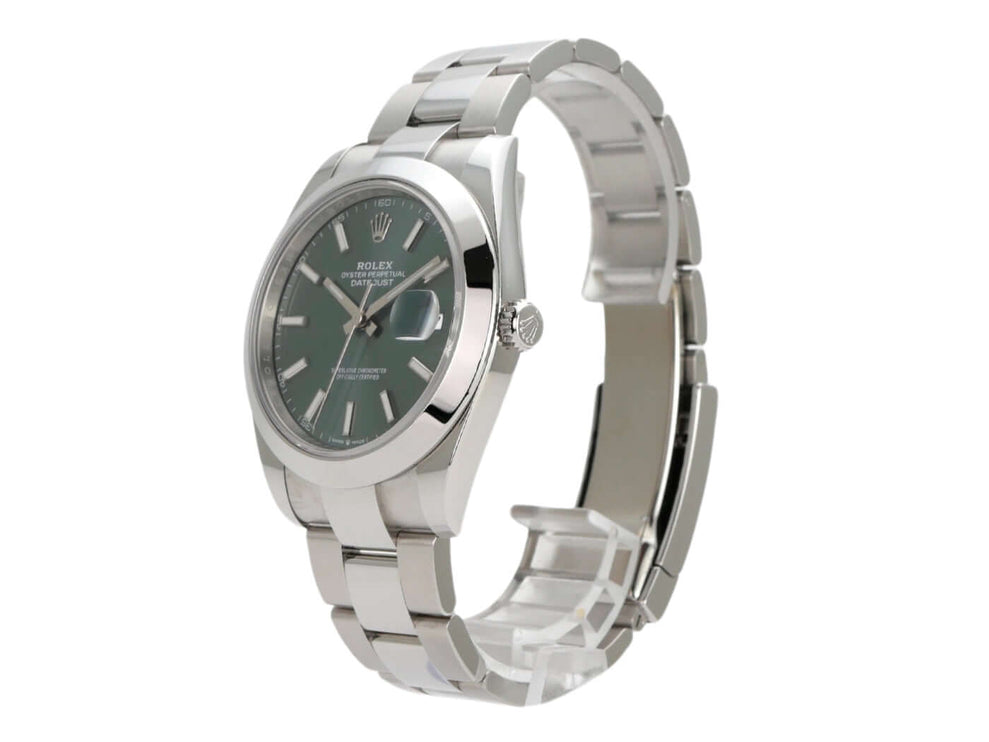 Rolex Datejust 41 Edelstahl Ref. 126300 mit mintgrünem Zifferblatt und Oyster-Band, polierte und satiniertes Finish.