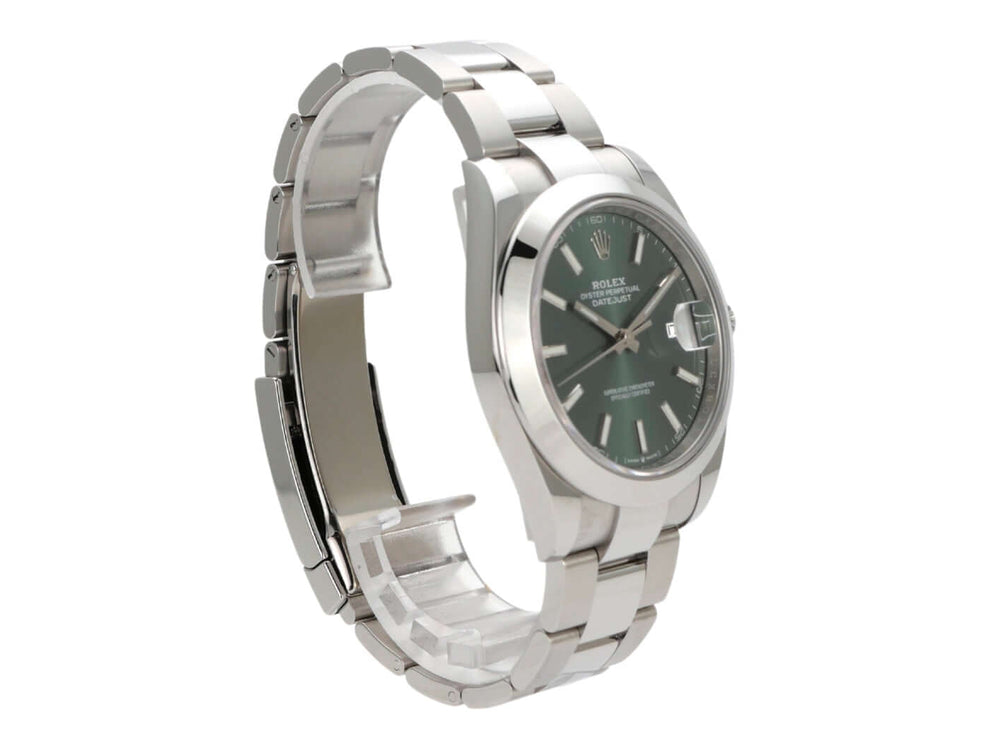 Rolex Datejust 41 Edelstahl 126300 mit mintgrünem Zifferblatt und Oyster-Band, 41 mm Gehäuse, automatisches Uhrwerk.