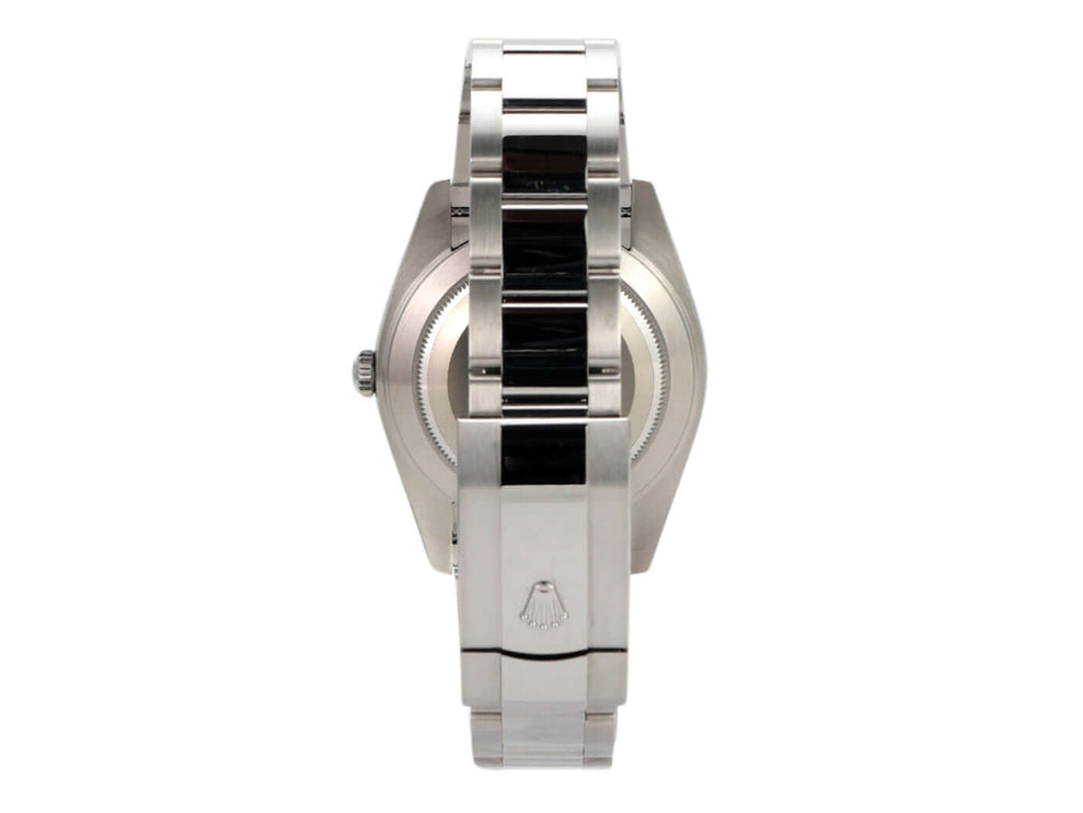 Rolex Datejust 41 Edelstahl Ref. 126300 mit Mintgrün Zifferblatt, poliertem Oyster-Band auf Rückansicht.