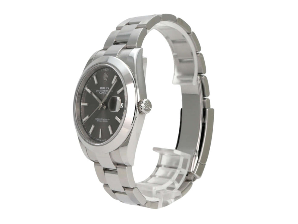 Rolex Datejust 41 Edelstahl 126300 Rhodium seitliche Ansicht mit rhodiumfarbenem Zifferblatt und Oyster-Edelstahlband