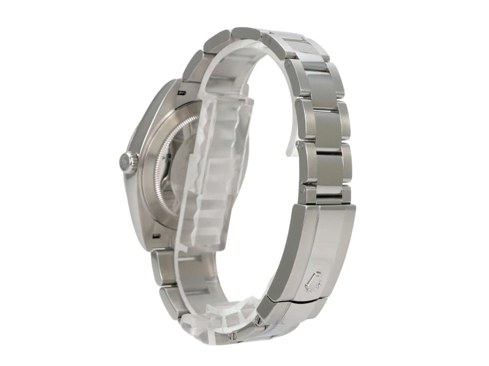Rolex Datejust 41 Edelstahl 126300 Rhodium seitliche Ansicht mit Oyster-Edelstahlband und poliertem Gehäuse.
