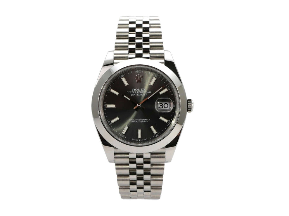 Rolex Datejust 41 Edelstahl 126300 mit Rhodiumzifferblatt und Jubileeband, 2023, poliertes und satinierte Gehäuse.