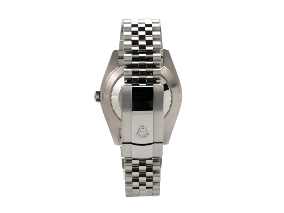 Rückansicht der Rolex Datejust 41 Edelstahl 126300 mit Jubile-Armband und Rolex Logo.