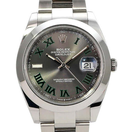 Rolex Datejust 41 Edelstahl 126300 Rhodium Römisch Uhr mit rhodiniertem Zifferblatt und römischen Ziffern.
