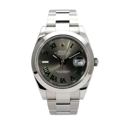 Rolex Datejust 41 Edelstahl 126300 Rhodium Römisch auf einem silbernen Armband mit römischen Ziffern und Datumsanzeige.
