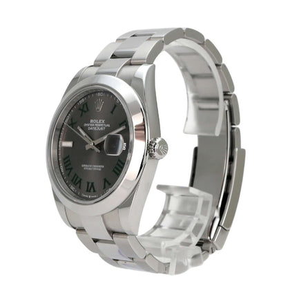 Rolex Datejust 41 Edelstahl 126300 Rhodium Römisch Luxus-Armbanduhr mit rhodiumfarbenem Zifferblatt und römischen Ziffern.