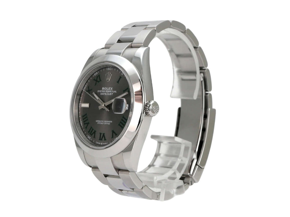 Rolex Datejust 41 Edelstahl 126300 Rhodium Römisch Luxus-Armbanduhr mit rhodiumfarbenem Zifferblatt und römischen Ziffern.