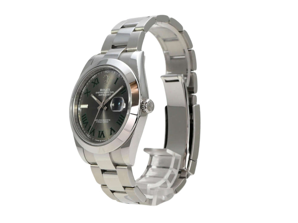 Rolex Datejust 41 Edelstahl 126300 Rhodium Römisch mit poliertem Edelstahlarmband und rhodiumfarbenem Zifferblatt.