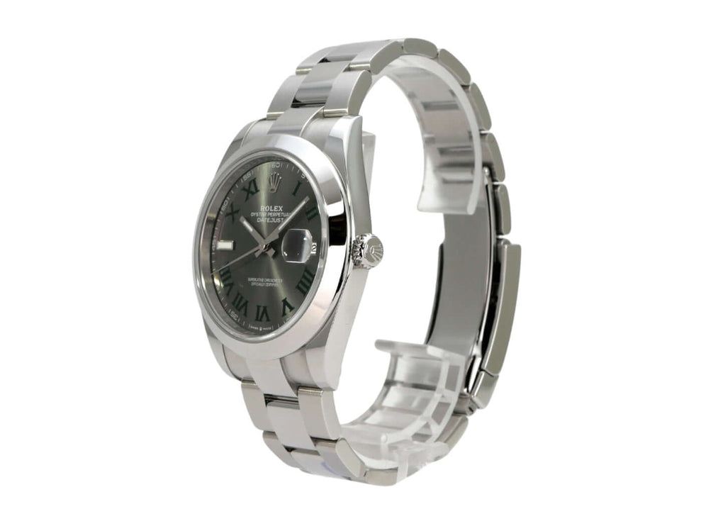 Rolex Datejust 41 Edelstahl 126300 Rhodium Römisch Seitenansicht der Uhr mit rhodiumfarbenem Zifferblatt und römischen Ziffern.