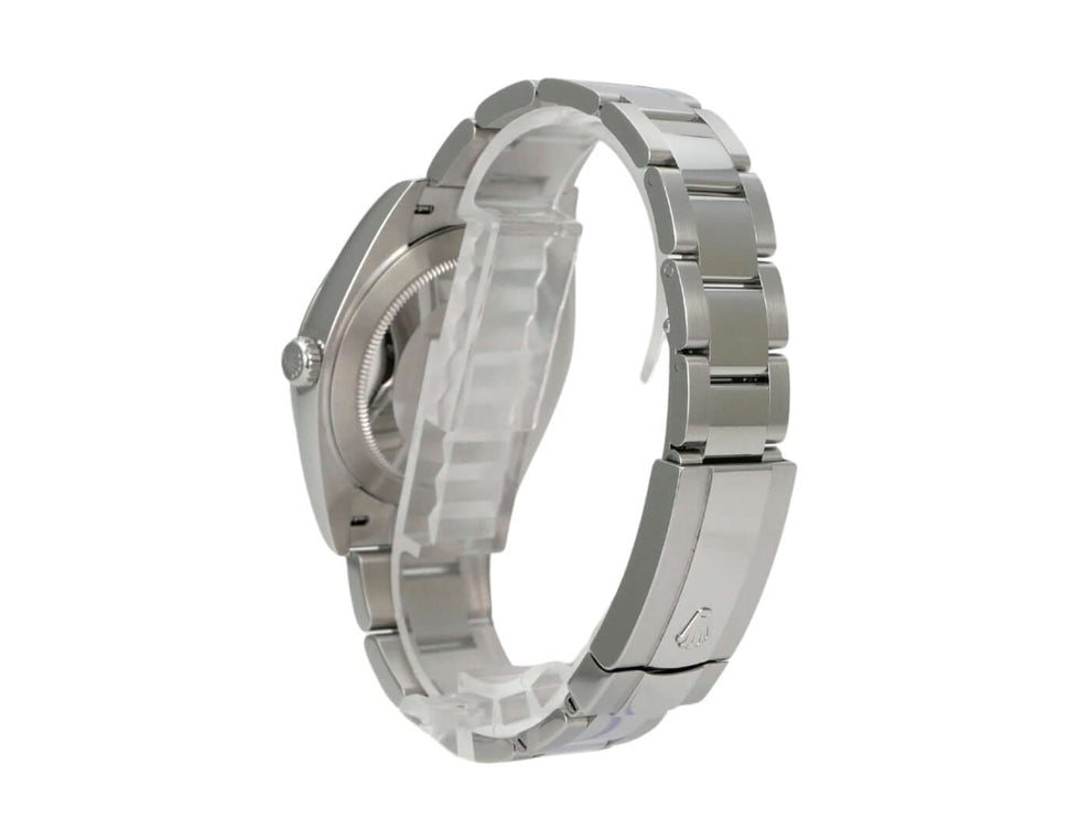 Rolex Datejust 41 Edelstahl 126300 Rhodium Römisch Uhr im Detail mit Oyster Edelstahlband in poliertem und satiniertem Finish.