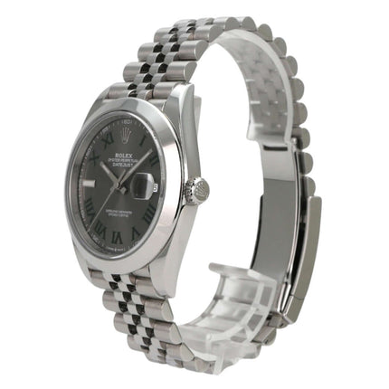 Rolex Datejust 41 Edelstahl 126300 Rhodium Römisch Jubile-Band seitliche Ansicht mit poliertem Edelstahl und rhodiumfarbenem Zifferblatt.