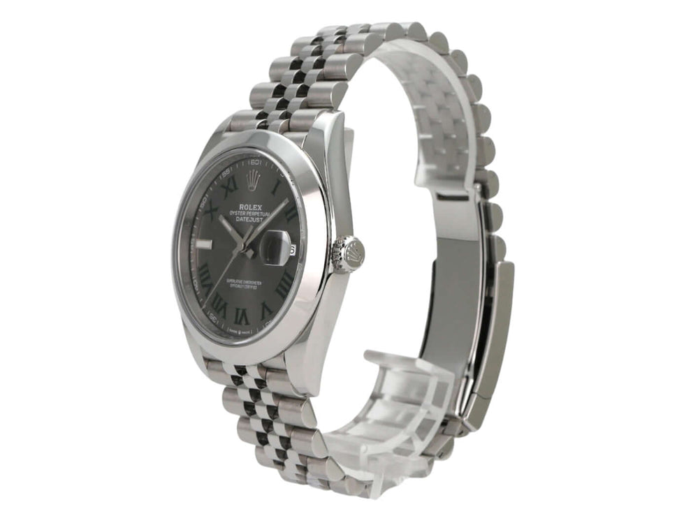 Rolex Datejust 41 Edelstahl 126300 Rhodium Römisch Jubile-Band seitliche Ansicht mit poliertem Edelstahl und rhodiumfarbenem Zifferblatt.