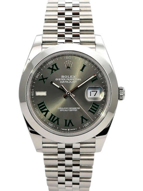 Rolex Datejust 41 Edelstahl 126300 Rhodium Römisch Jubile-Band auf einem polierten Edelstahlarmband.