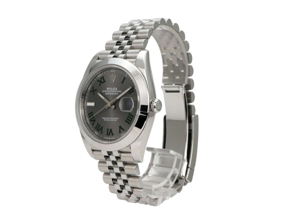 Rolex Datejust 41 Edelstahl 126300 Rhodium Römisch Jubile-Band mit poliertem Edelstahlgehäuse und römischen Ziffern.