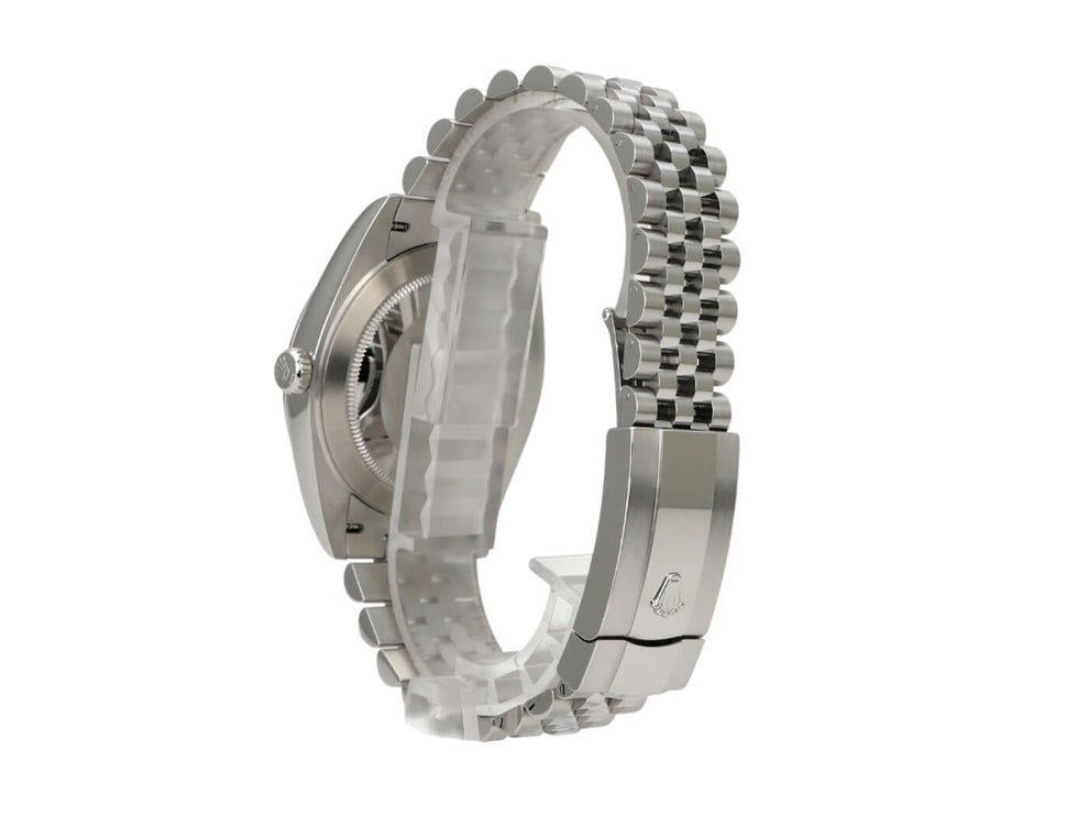 Rolex Datejust 41 Edelstahl 126300 Rhodium Römisch Jubile-Band seitliche Ansicht mit Edelstahlarmband.