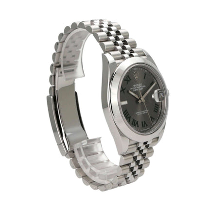 Rolex Datejust 41 Edelstahl Uhr mit Rhodium Zifferblatt und Römischen Ziffern auf Jubile-Band.