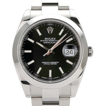 Rolex Datejust 41 Edelstahl 126300 mit schwarzem Zifferblatt und Oysterband aus Edelstahl.