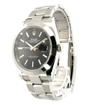Rolex Datejust 41 Edelstahl 126300 Schwarz, 41 mm Gehäusedurchmesser, schwarzes Zifferblatt, poliertes Edelstahlband, Modell 2019