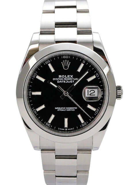 Rolex Datejust 41 Edelstahl 126300 Schwarz mit schwarzem Zifferblatt und Oyster-Band.