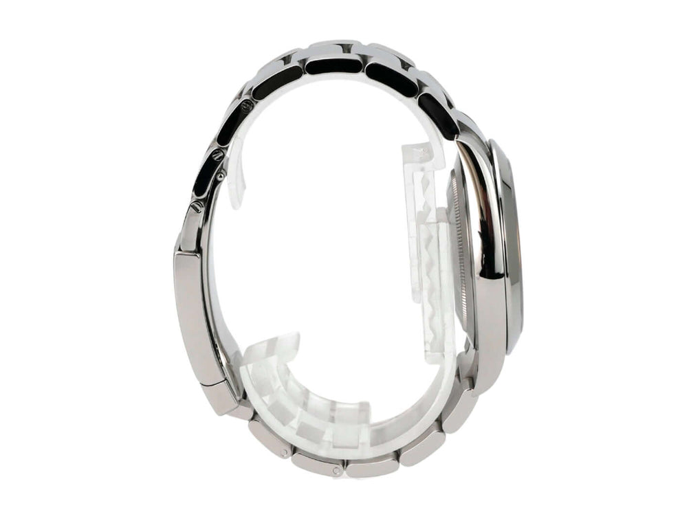 Seitenansicht der Rolex Datejust 41 Edelstahl 126300 Schwarz mit poliertem und satiniertem Edelstahlband.