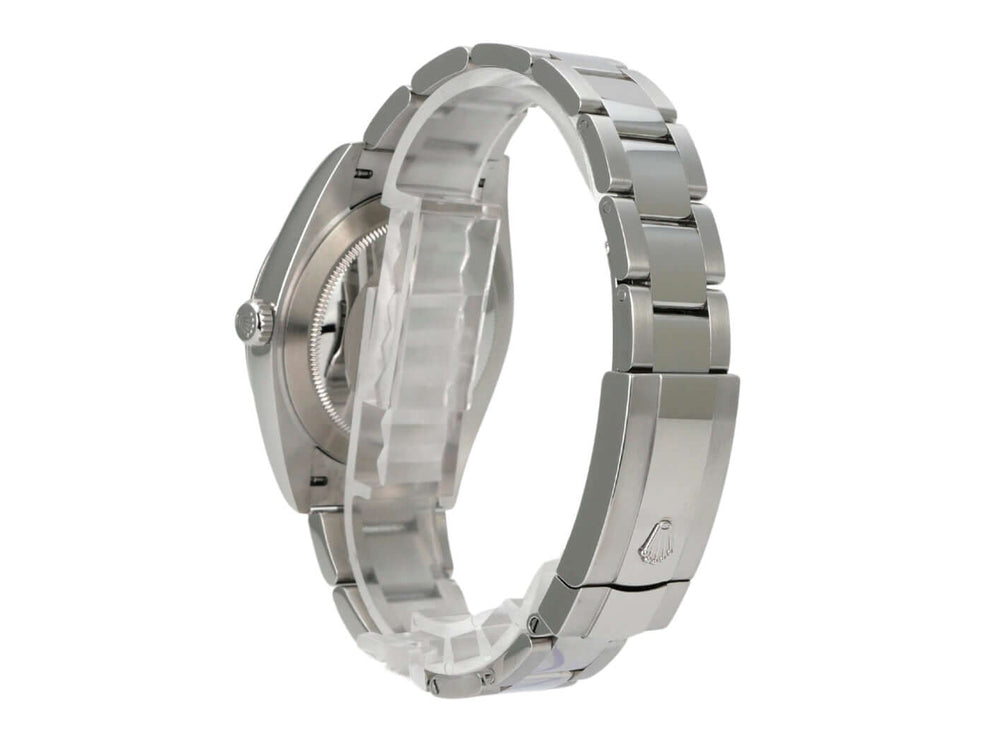 Rolex Datejust 41 Edelstahl 126300 Schwarz mit poliertem Edelstahl-Oyster-Band und Gehäuse von der Seite.