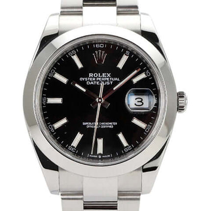 Rolex Datejust 41 Edelstahl 126300 mit schwarzem Zifferblatt und Oyster-Band, 41 mm Gehäusedurchmesser, Automatikwerk.
