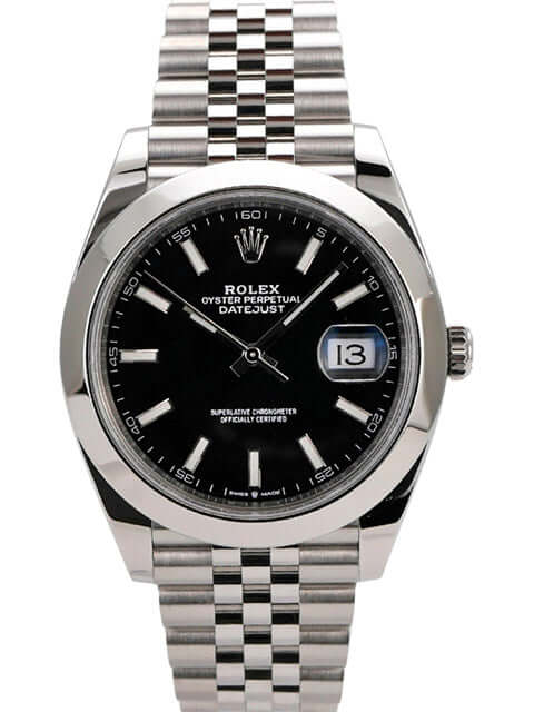 Rolex Datejust 41 Edelstahl 126300 Schwarz Jubile-Band mit schwarzem Zifferblatt und Jubile-Edelstahlband.