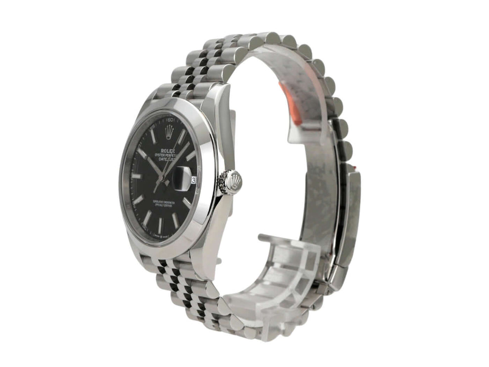 Rolex Datejust 41 Edelstahl 126300 Schwarz Jubile-Band seitliche Ansicht mit schwarzem Zifferblatt und Jubilé-Armband.