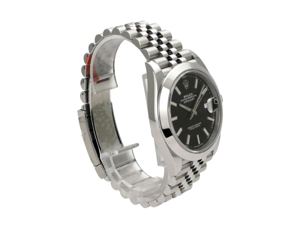 Rolex Datejust 41 Edelstahl 126300 Schwarz Jubile-Band seitliche Ansicht mit schwarzem Zifferblatt und jubilee Armband.