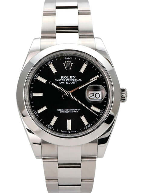 Rolex Datejust 41 Edelstahl 126300 Schwarz Oyster-Band mit schwarzem Zifferblatt und Edelstahl-Gehäuse.