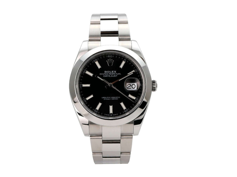 Rolex Datejust 41 Edelstahl 126300 Schwarz Oyster-Band mit schwarzem Zifferblatt und 18 kt Weißgold Leuchtindizes.
